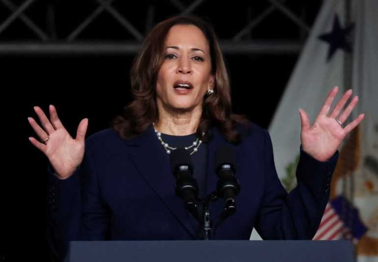 US Vice President Kamala Harris delivers remarks during the Sigma Gamma Rho Sorority 