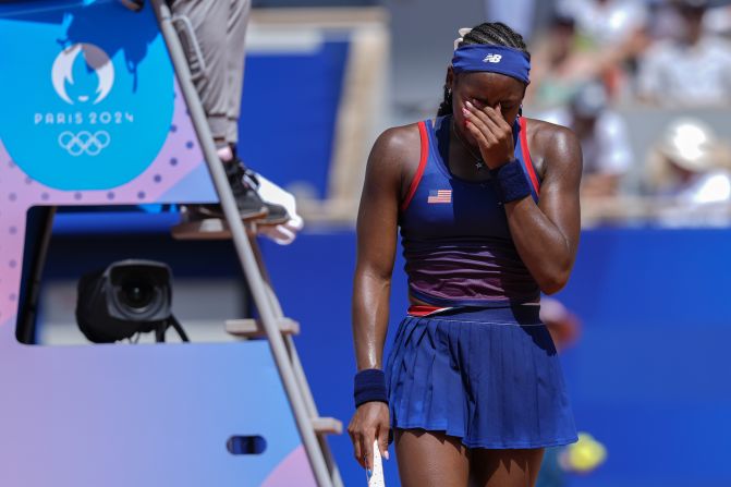 US tennis star Coco Gauff cries as she argues with chair umpire Jaume Campistol during the second set of her Olympic match against Croatia’s Donna Vekić on July 30. Gauff was facing a break point when a line call, initially called out, was overruled by Campistol. <a href=