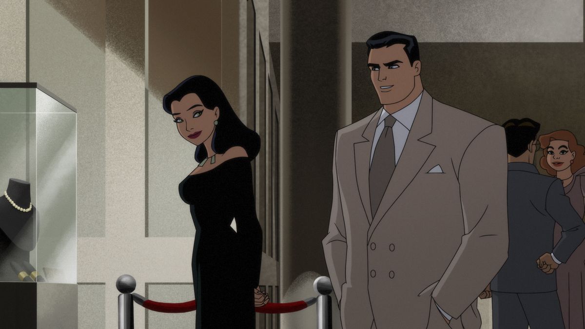 Bruce Wayne and Selina Kyle stand in an art gallery in the animated series Batman: Caped Crusader