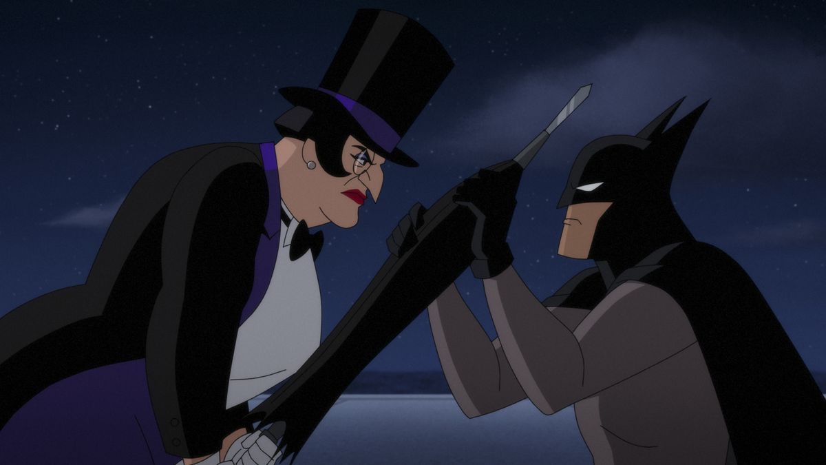 Batman fights The Penguin in Caped Crusader (The Penguin is a woman)