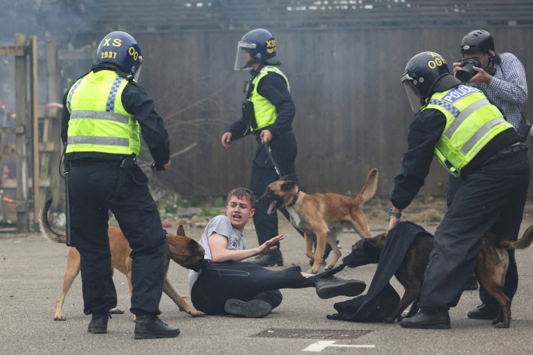 A man on the ground with police and their dogs around him. He looks frightened.