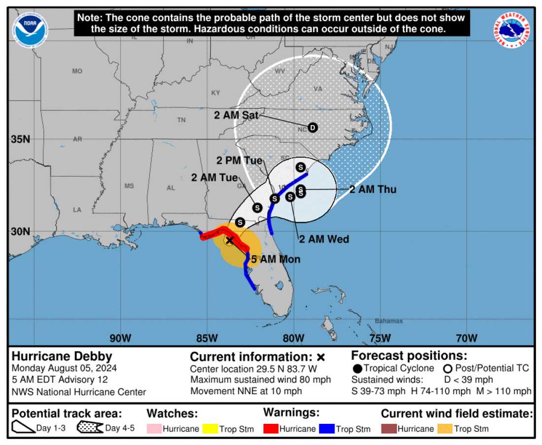 Hurricane Debby is expected to weaken — but the storm will also bring heavy rainfall on land, as it takes essentially all week to cross from Florida, where it made landfall early Monday, into Georgia and South Carolina, with the center of the storm's remnants expected to finally reach North Carolina early Saturday.