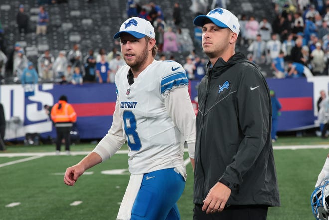 Detroit Lions quarterback Nate Sudfeld and quarterback Jared Goff walk off the field after the game against the New York Giants at MetLife Stadium on Thursday, Aug. 8, 2024 in East Rutherford, N.J.