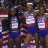 The U.S. women's 4x100-meter relay team pose for a photo after winning the gold medal at the Paris Olympics.  on Friday in Saint-Denis, France.