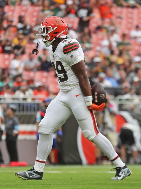 Cleveland Browns running back Aidan Robbins (49) celebrates after scoring during the second half of an NFL preseason football game against the Green Bay Packers at Cleveland Browns Stadium, Saturday, Aug. 10, 2024, in Cleveland, Ohio.