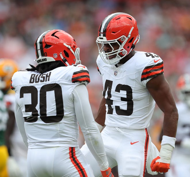 Cleveland Browns linebacker Devin Bush (30) and Cleveland Browns linebacker Mohamoud Diabate (43) celebrate a stop against the Green Bay Packers during the first half of an NFL preseason football game at Cleveland Browns Stadium, Saturday, Aug. 10, 2024, in Cleveland, Ohio.