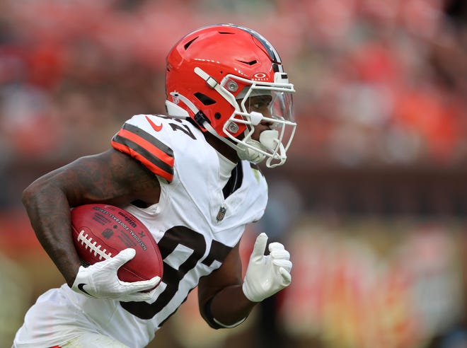 Cleveland Browns wide receiver Ahmarean Brown (87) returns a kick during the second half of an NFL preseason football game at Cleveland Browns Stadium, Saturday, Aug. 10, 2024, in Cleveland, Ohio.