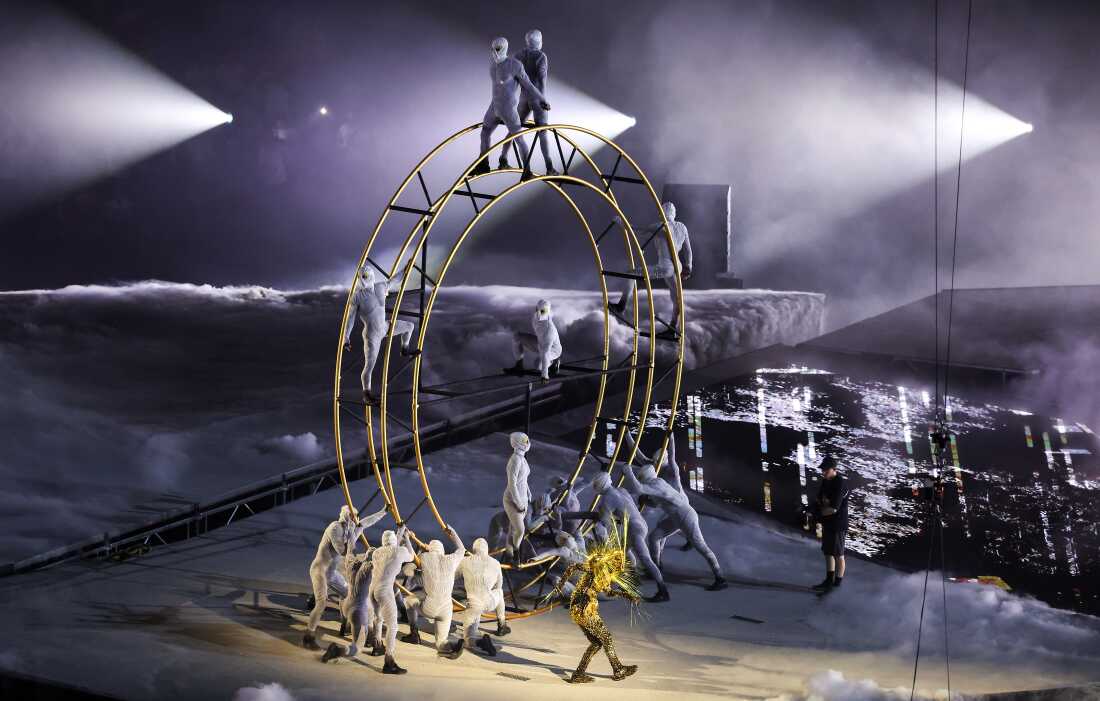 The Golden Voyager performs alongside dancers in front of an Olympic Ring during the closing ceremony of the Paris Olympics at Stade de France on Sunday.