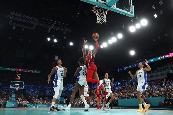 The United States' A'ja Wilson scores a basket during the gold-medal game against France on August 11. Wilson had 21 points, 13 rebounds and four blocks as <a href=