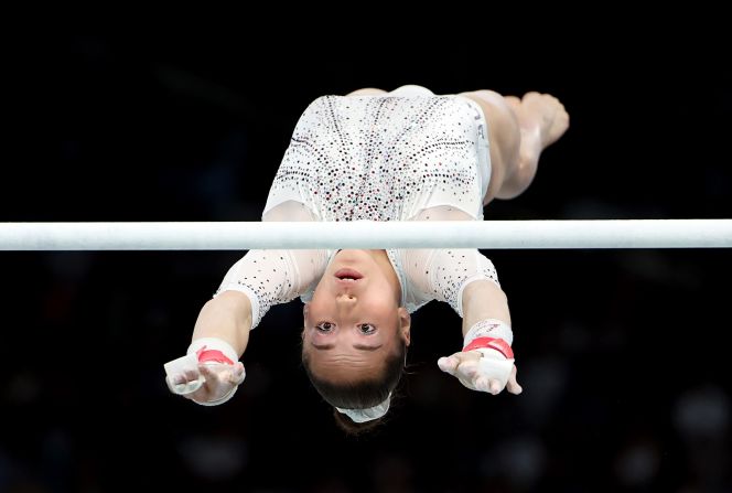 Algeria’s Kaylia Nemour competes in the uneven bars final on August 4. She <a href=