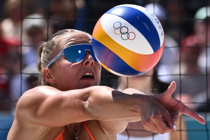 The Netherlands' Katja Stam competes in beach volleyball on August 5.