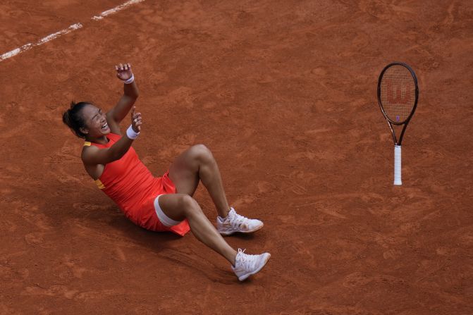 China's Zheng Qinwen celebrates after <a href=