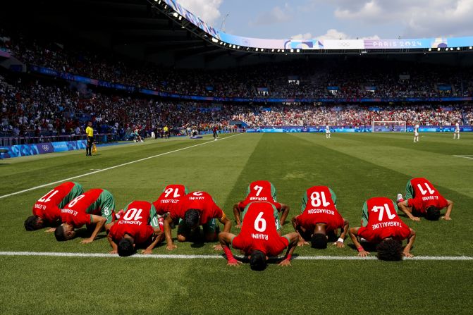 Morocco celebrates its first goal against the United States on August 2. The Atlas Lions won 4-0 to advance to the semifinals in men's soccer.