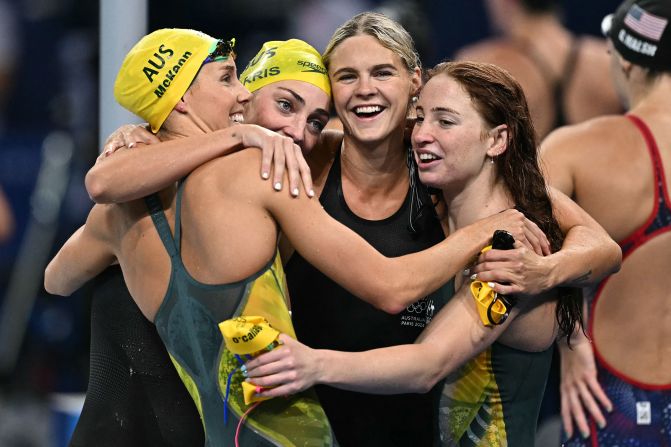 Australia's Emma McKeon, Meg Harris, Shayna Jack and Mollie O'Callaghan celebrate after winning the women's 4x100-meter freestyle relay on July 27. The team <a href=