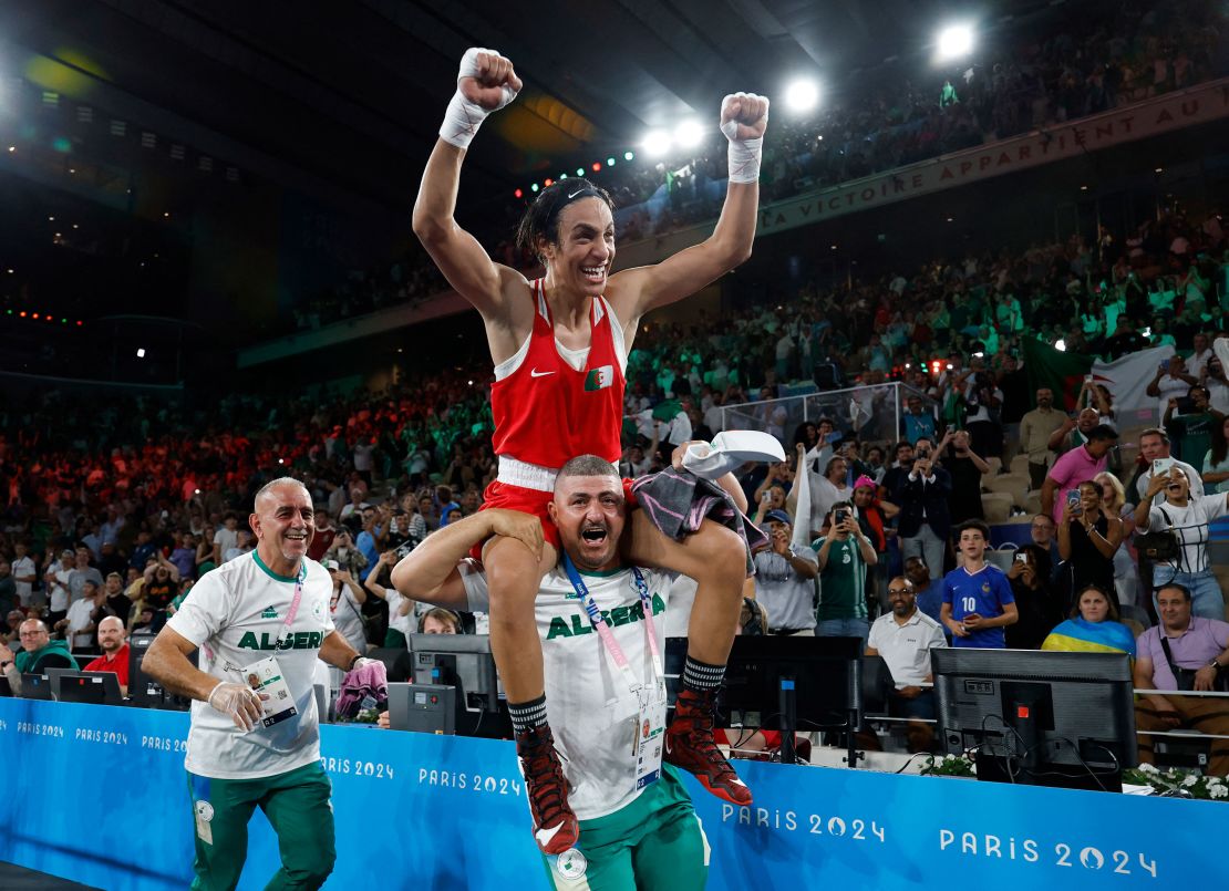 Algeria's Imane Khelif celebrates winning the 66kg welterweight final Friday. Peter Cziborra/Reuters