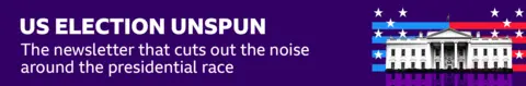 Thin, dark blue banner promoting the US Election Unspun newsletter with text that says it is: "The newsletter that cuts out the noise around the presidential race". There is also a black and white graphic of the White House on a striped red and blue background with white stars. 