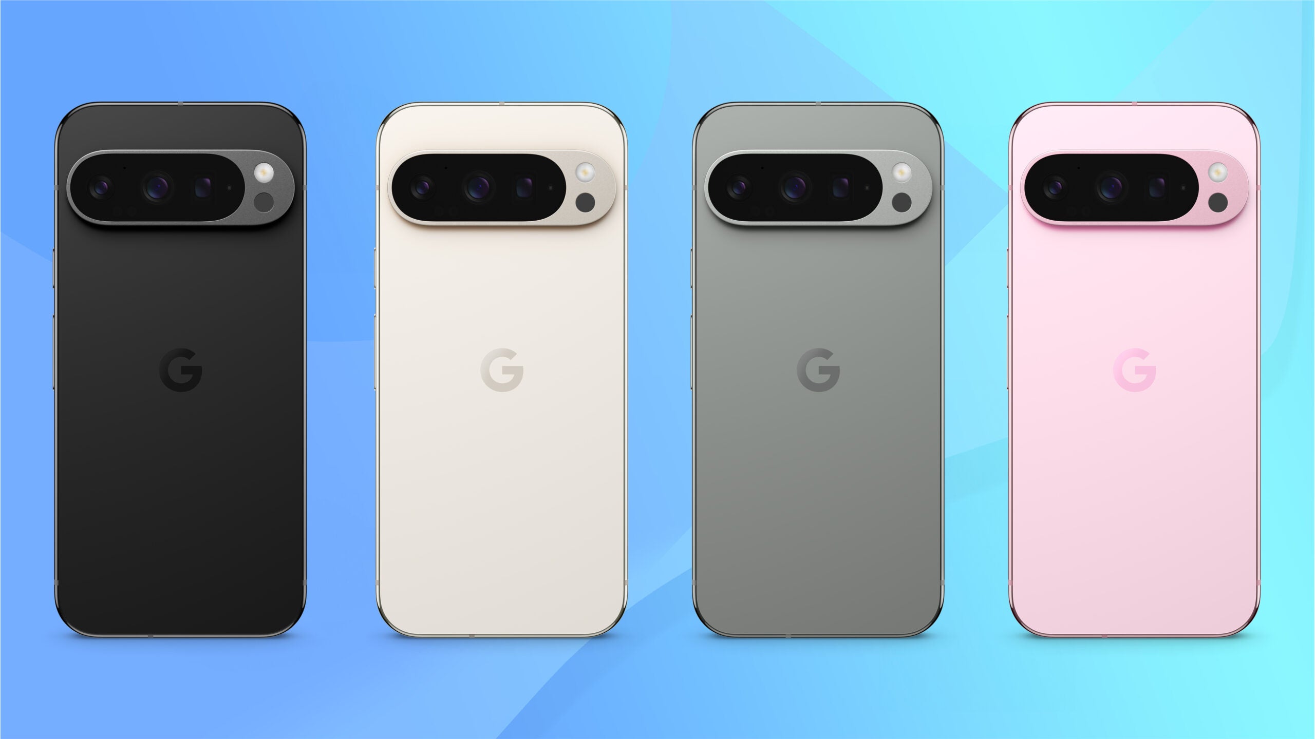 Four Google Pixel 9 Pro handsets lined up, showing all available colours, against a blue backdrop