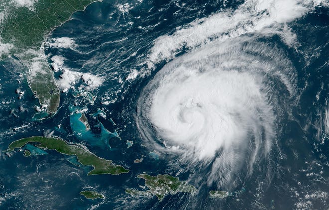 This satellite image obtained from the National Oceanic and Atmospheric Administration shows Hurricane Ernesto on August 15, 2024. Ernesto, a Category 1 hurricane, is moving towards Bermuda prompting hurricane warnings and is forecast to pass near or over the island on August 17.