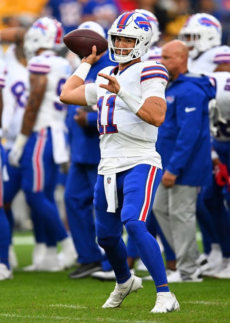 Mitchell Trubisky of the Buffalo Bills warms up prior to the preseason game against the Pittsburgh Steelers at Acrisure Stadium on August 17, 2024 in Pittsburgh, Pennsylvania.