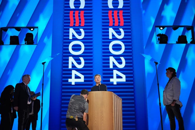 Actor Tony Goldwyn participates in stage testing ahead of the start of the Democratic National Convention at the United Center on August 19, 2024 in Chicago, Illinois. Delegates, politicians, and Democratic party supporters are in Chicago for the convention, concluding with current Vice President Kamala Harris accepting her party's presidential nomination. The DNC takes place from August 19-22.