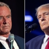 A pair of photos showing independent presidential candidate Robert F. Kennedy Jr. on the left and former President Donald Trump on the right. Both are wearing suits with ties.