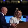 Gun control advocate and former U.S. Rep. Gabby Giffords, D-Arizona, speaks on stage with her husband, U.S. Sen. Mark Kelly, D-Arizona, during the final day of the DNC.