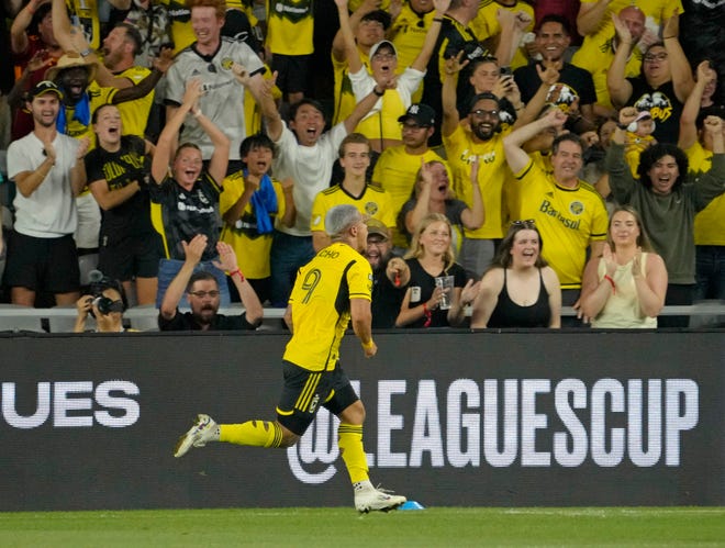 Aug 25, 2024; Columbus, Ohio, USA; 
Columbus Crew forward Cucho Hernández (9) scores first against Los Angeles FC in the Leagues Cup Final at Lower.com Field. 
Mandatory Credit: Barbara Perenic-USA TODAY Sports