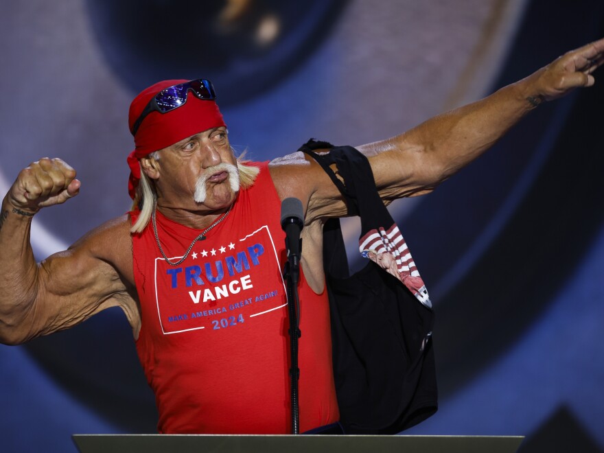 Professional entertainer and wrestler Hulk Hogan poses as he speaks on stage on the fourth day of the Republican National Convention in Milwaukee, Wisconsin. 