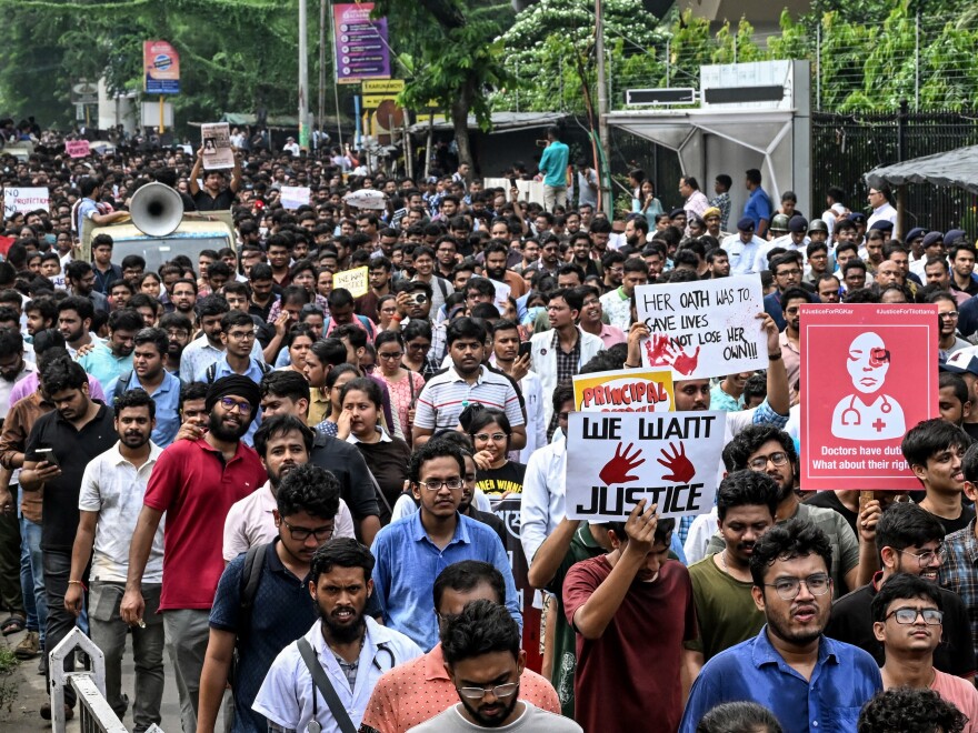 Medical professionals and students take part in a protest rally after the rape and murder of a doctor in Kolkata on August 21. India's Supreme Court on August 20 ordered a national task force to examine how to bolster security for health workers.