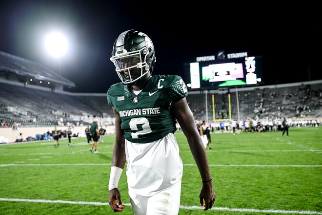 Michigan State's Aidan Chiles leaves the field after after the game against Florida Atlantic on Friday, Aug. 30, 2024, at Spartan Stadium in East Lansing.