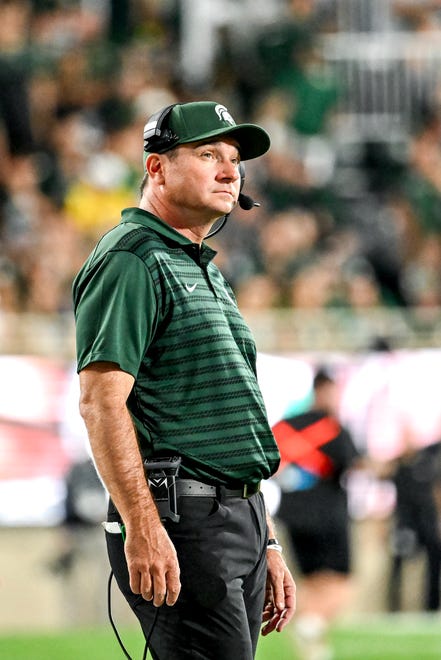 Michigan State's head coach Jonathan Smith looks on during the fourth quarter in the game against Florida Atlantic on Friday, Aug. 30, 2024, at Spartan Stadium in East Lansing.