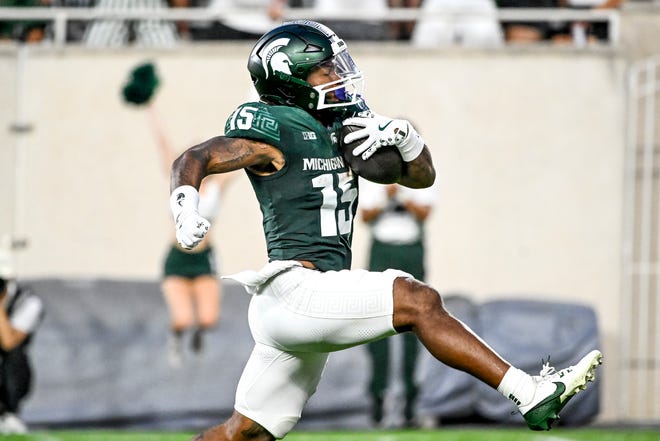 Michigan State's Kay'ron Lynch-Adams runs for a touchdown against Florida Atlantic during the second quarter on Friday, Aug. 30, 2024, at Spartan Stadium in East Lansing.