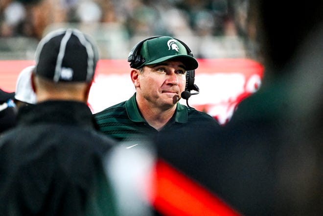 Michigan State's head coach Jonathan Smith looks on during the second quarter in the game against Florida Atlantic on Friday, Aug. 30, 2024, at Spartan Stadium in East Lansing.