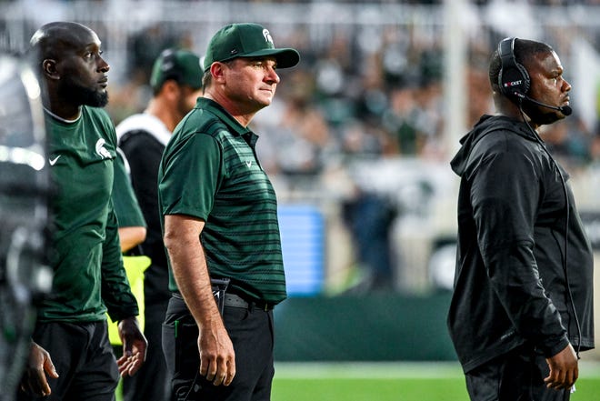 Michigan State's head coach Jonathan Smith looks on on the game against Florida Atlantic during the second quarter on Friday, Aug. 30, 2024, at Spartan Stadium in East Lansing.