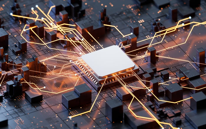 A chip connected to different circuits.