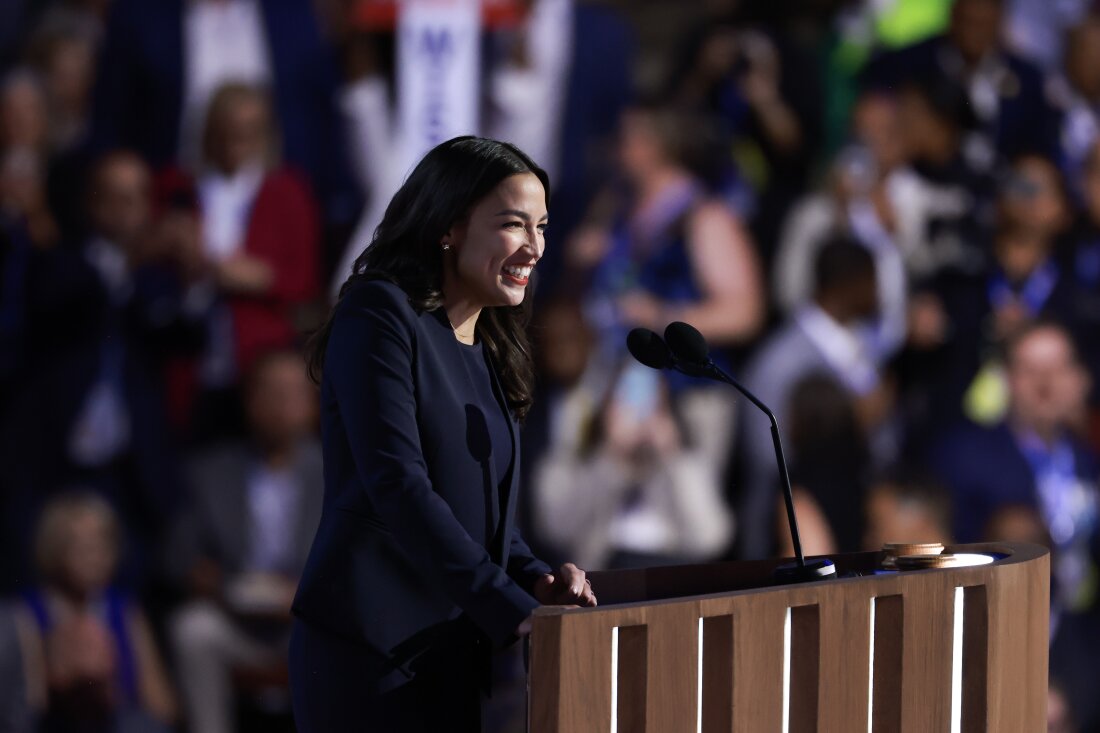 Rep. Alexandria Ocasio-Cortez (D-NY) speaks onstage during the first day of the Democratic National Convention at the United Center on August 19, 2024 in Chicago, Illinois. 