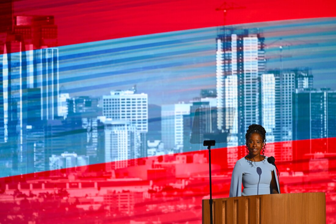 National Youth Poet Laureate Amanda Gorman speaks on stage during the third day of the Democratic National Convention in Chicago, Illinois. 