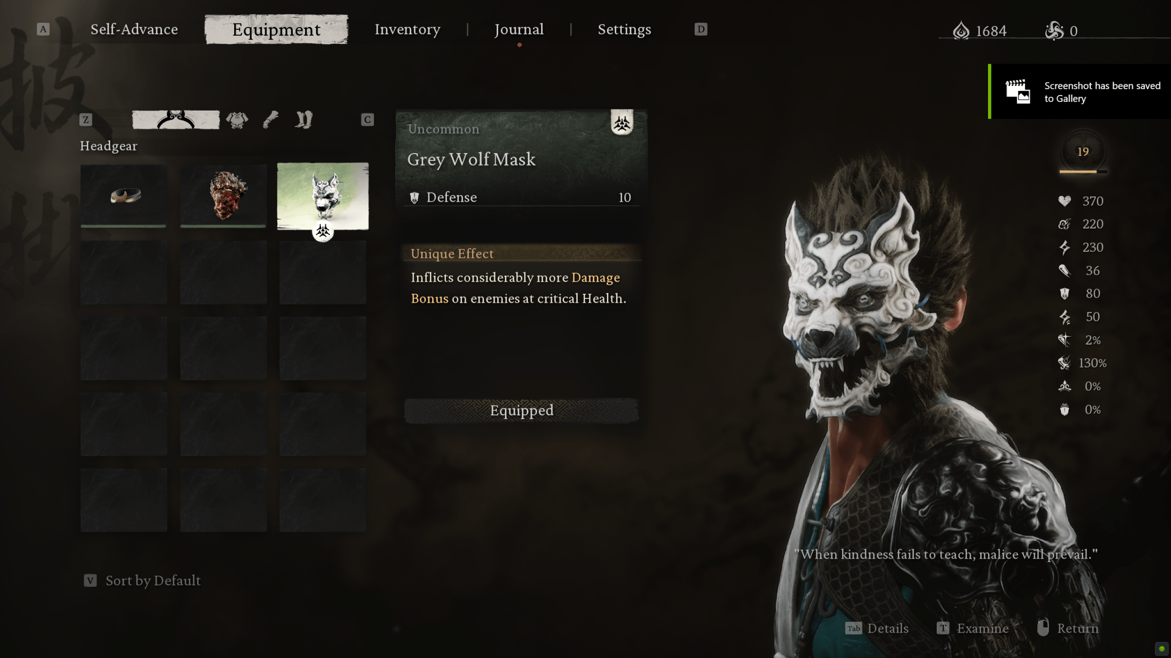 <em>Black Myth: Wukong</em> equipment menu showing the Grey Wolf Mask headgear