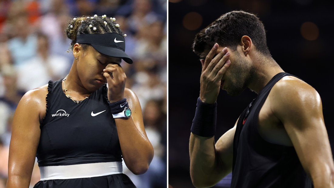 Naomi Osaka, left, and Carlos Alcaraz react during their second-round matches on Thursday at the U.S. Open in Queens, New York.