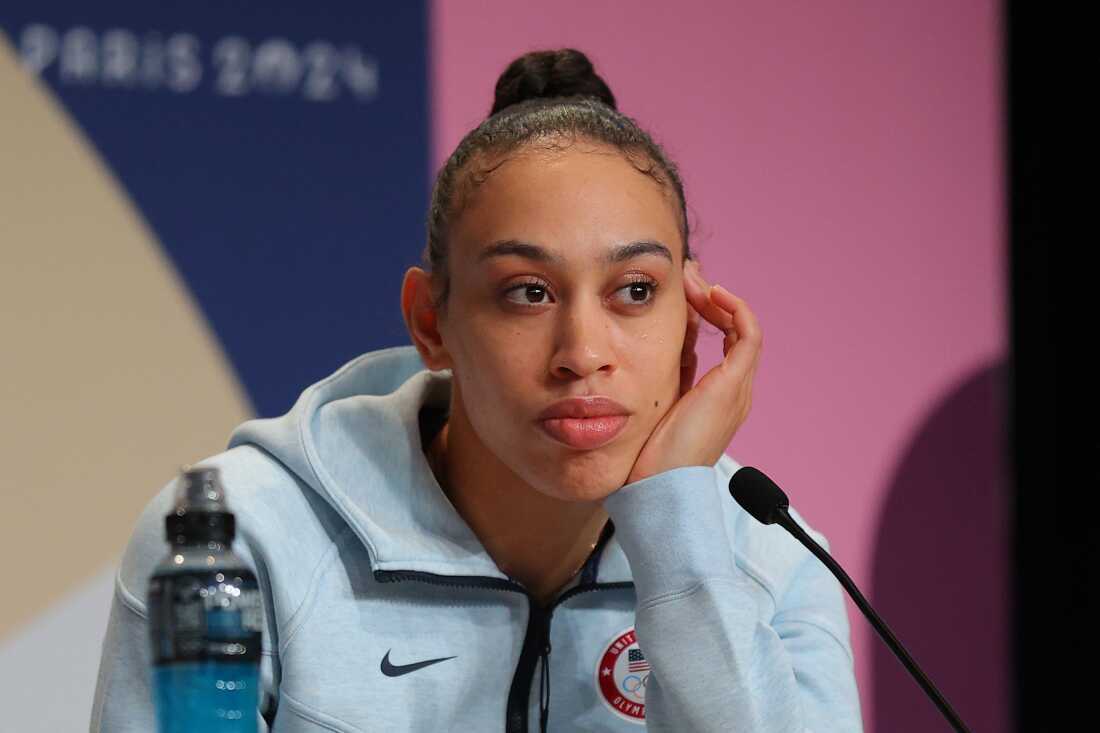 Dearica Hamby speaks during a Team USA 3x3 Basketball press conference in Paris in July.  