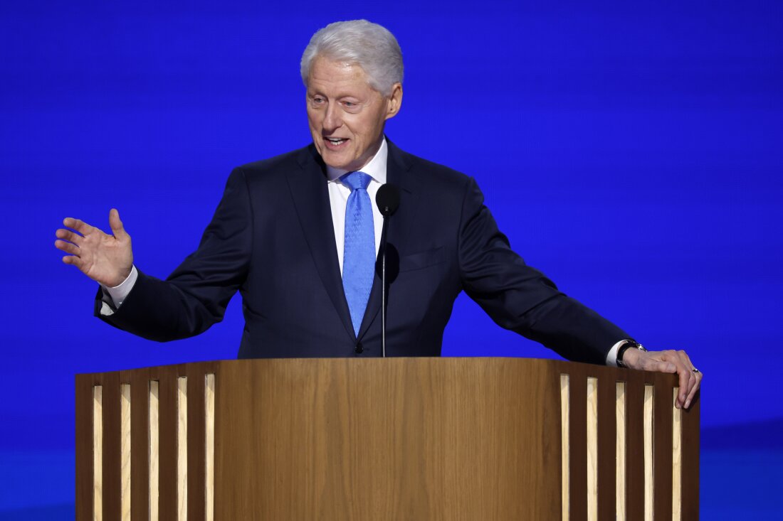 Former U.S. President Bill Clinton speaks on stage during the third day of the Democratic National Convention  in Chicago, Illinois. 