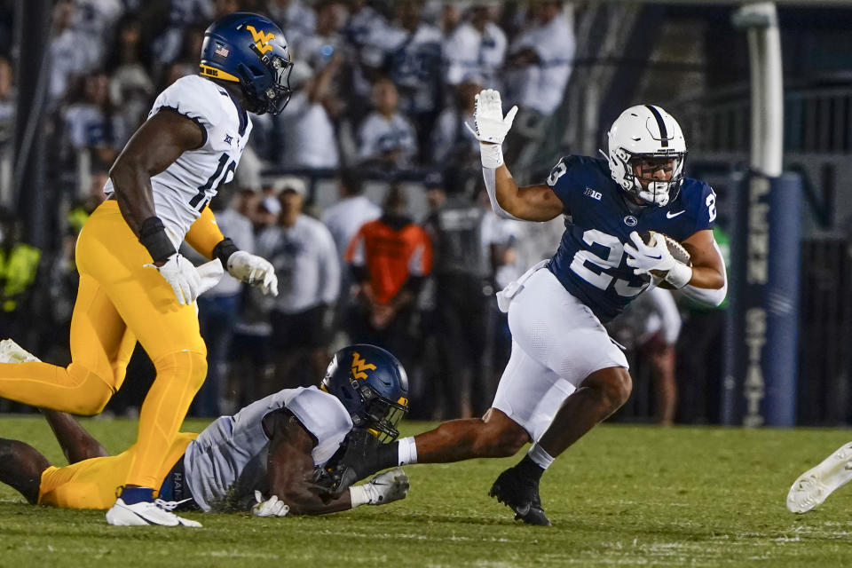 UNIVERSITY PARK, PA - SEPTEMBER 02: Penn State Nittany Lions Running Back Trey Potts (23) runs with the ball during the second half of the College Football Game between the West Virginia Mountaineers and the Penn State Nittany Lions on September 2, 2023, at Beaver Stadium in University Park, PA. (Photo by Gregory Fisher/Icon Sportswire via Getty Images)