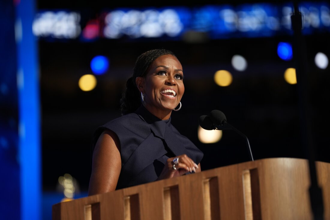 Former first lady Michelle Obama speaks on stage during the second day of the Democratic National Convention in Chicago, Illinois. 