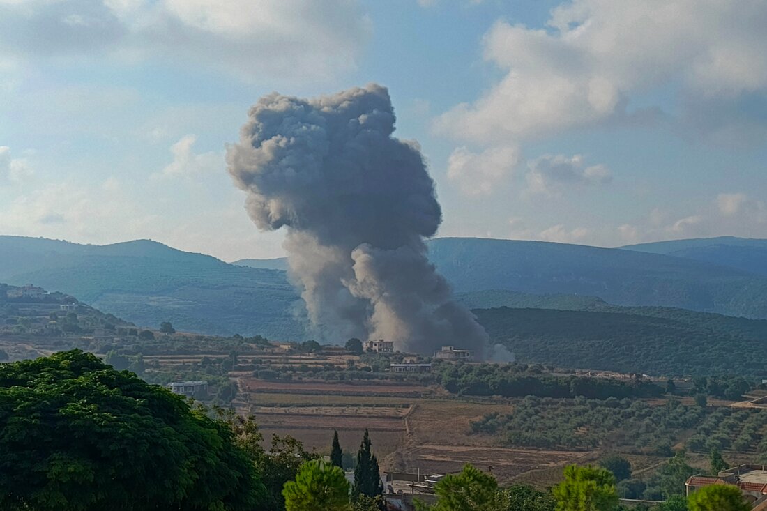 Smoke billows from the site of an Israeli airstrike on Zibqin in southern Lebanon on Sunday, amid escalations in the ongoing cross-border tensions as fighting continues between Israel and Hamas militants in the Gaza Strip.