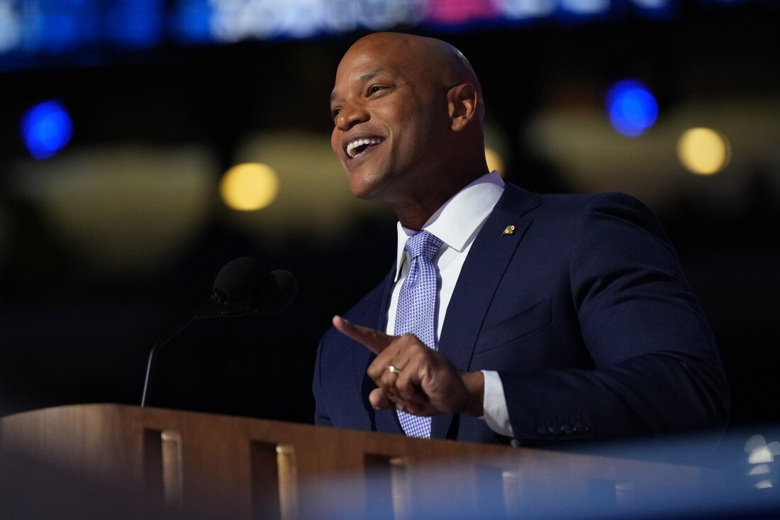 Maryland Gov. Wes Moore speaks on stage during the third day of the Democratic National Convention in Chicago, Illinois. 