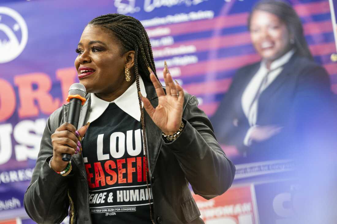 U.S. Rep. Cori Bush, D-Mo., speaks during a campaign event on Jan. 27 in Northwoods, Mo.