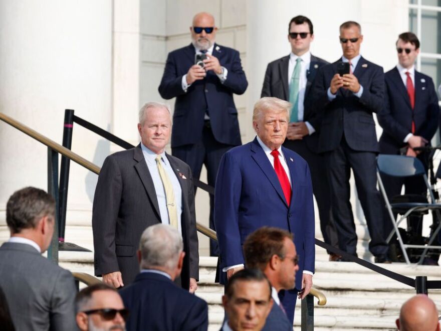 Former President Donald Trump, the Republican nominee for president, visited Arlington National Cemetery Monday to to participate in a wreath laying ceremony to mark the third anniversary of a suicide bombing at Kabul airport that killed 13 American service members.  