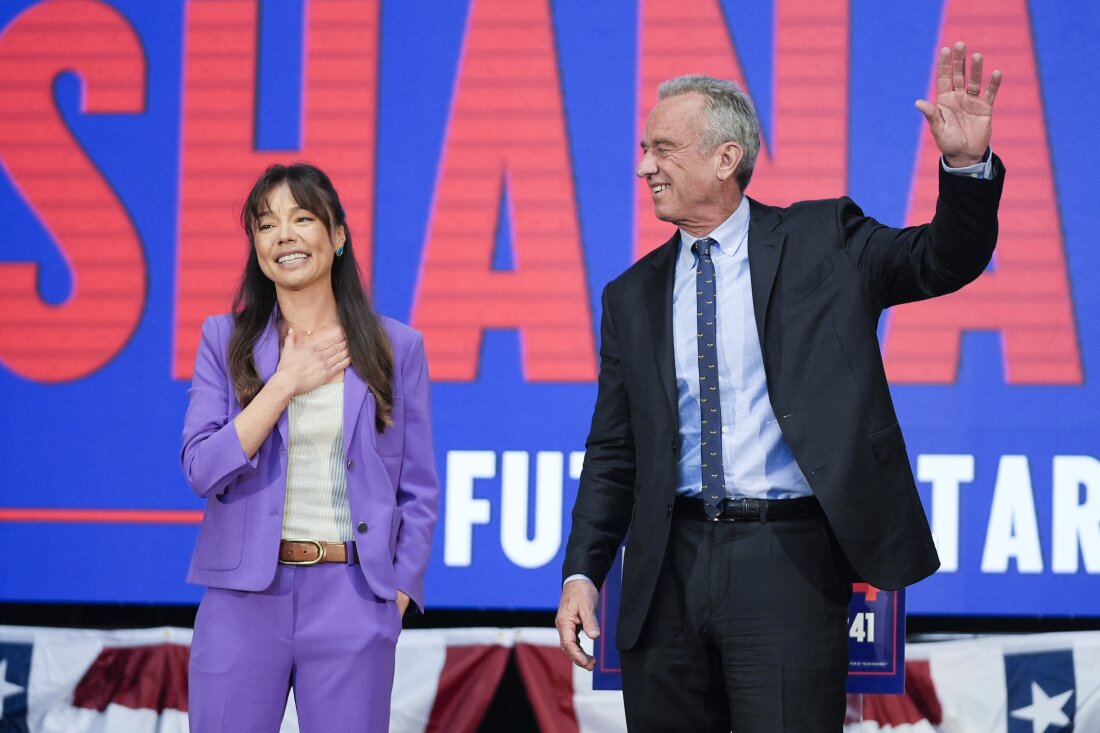 Nicole Shanahan appears on stage after presidential candidate Robert F. Kennedy Jr. announces her as his running mate during a campaign event on March 26.