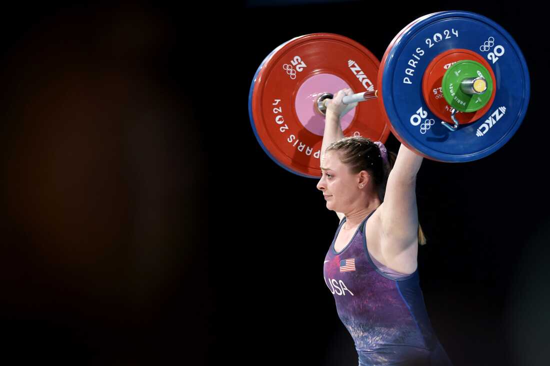 Olivia Reeves, of the U.S.A., performs a snatch during the women's weightlifting 71kg on Friday at the South Paris Arena during the Paris Summer Olympics. She won the U.S.'s first weightlifting gold in 24 years.