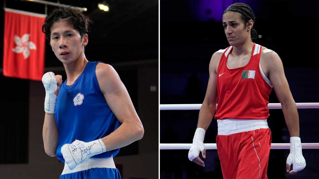 Side-by-side photos of Taiwan's Lin Yu-ting and Algeria's Imane Khelif, in their respective blue and red boxing uniforms. 